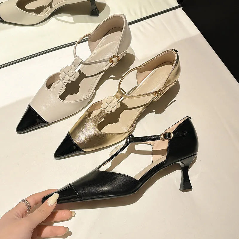 Gold women's pointed toe stiletto heel shoes with flower buckle decoration on ankle strap