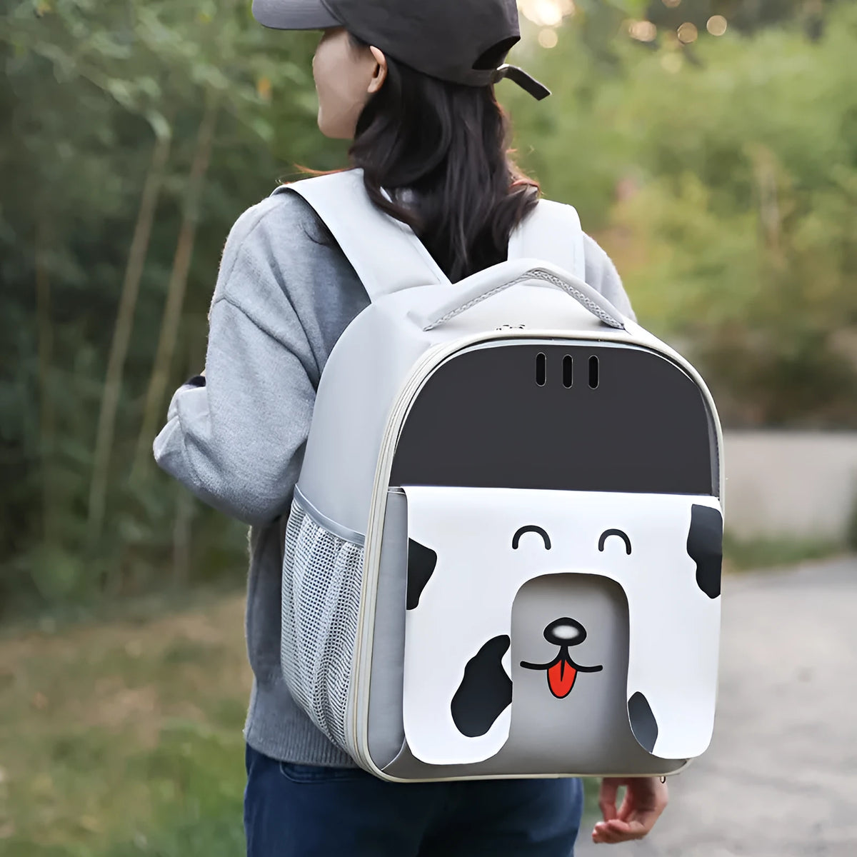 Large capacity portable pet bag for outdoor travel in beige with animal pattern, made from PU PVC
