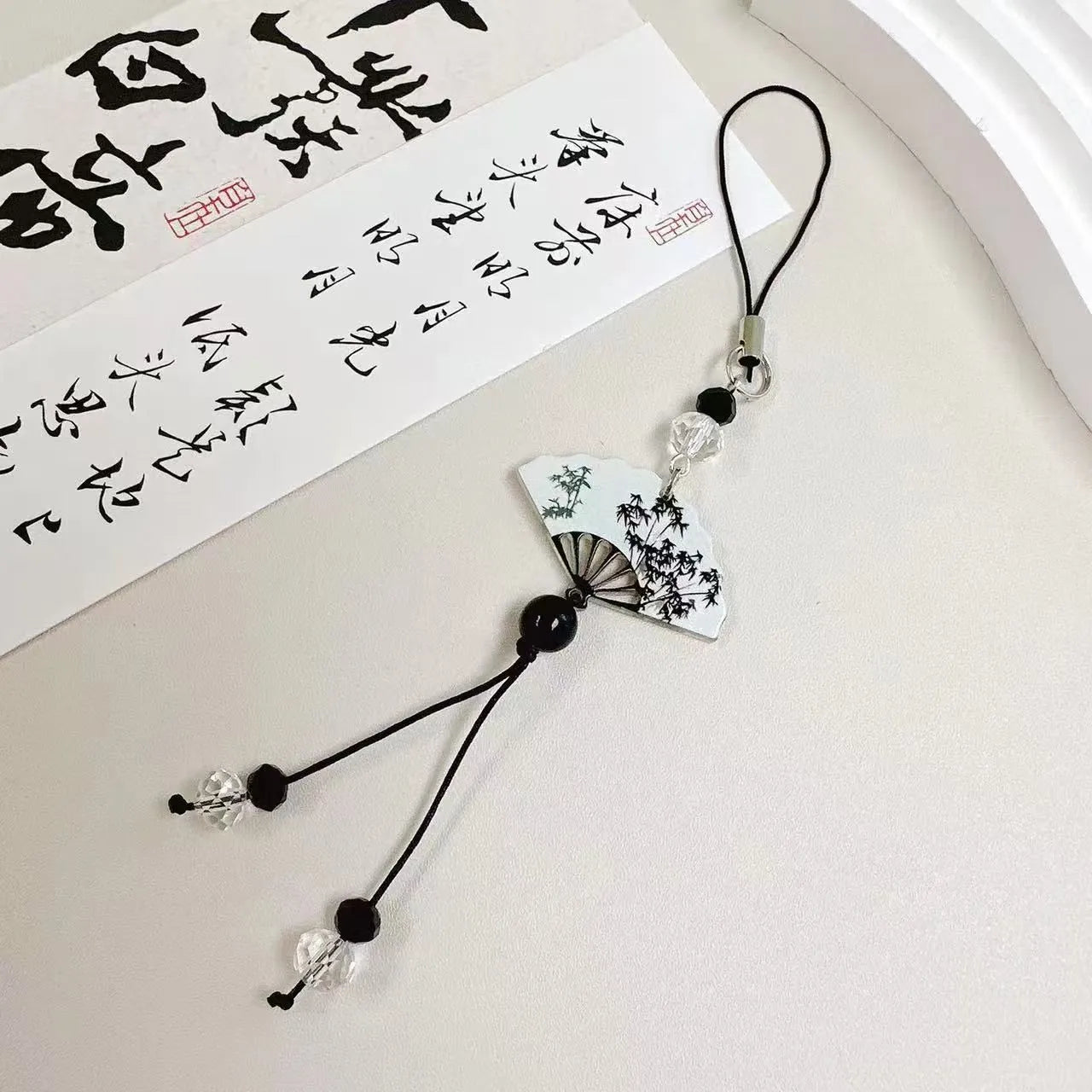 Chinese style bead pendant keychain with plant and flower patterns in baking varnish finish