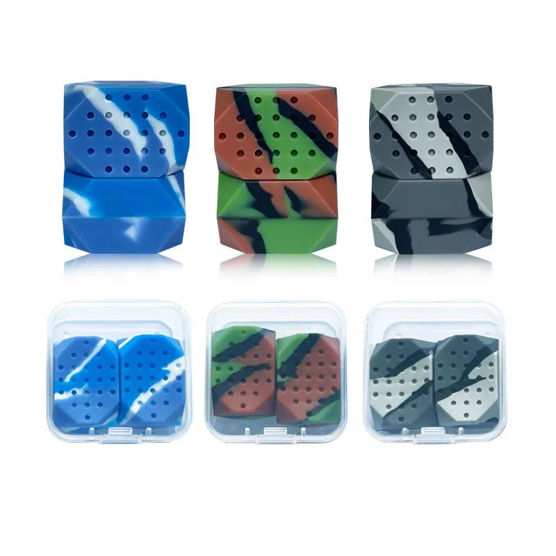 Two camouflage-pattern silicone facial exercise balls in a transparent box.