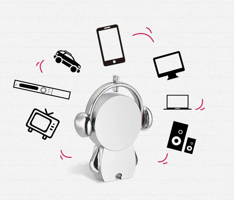 Silver and rose gold metal USB flash drives with a cartoon musician graphic design.