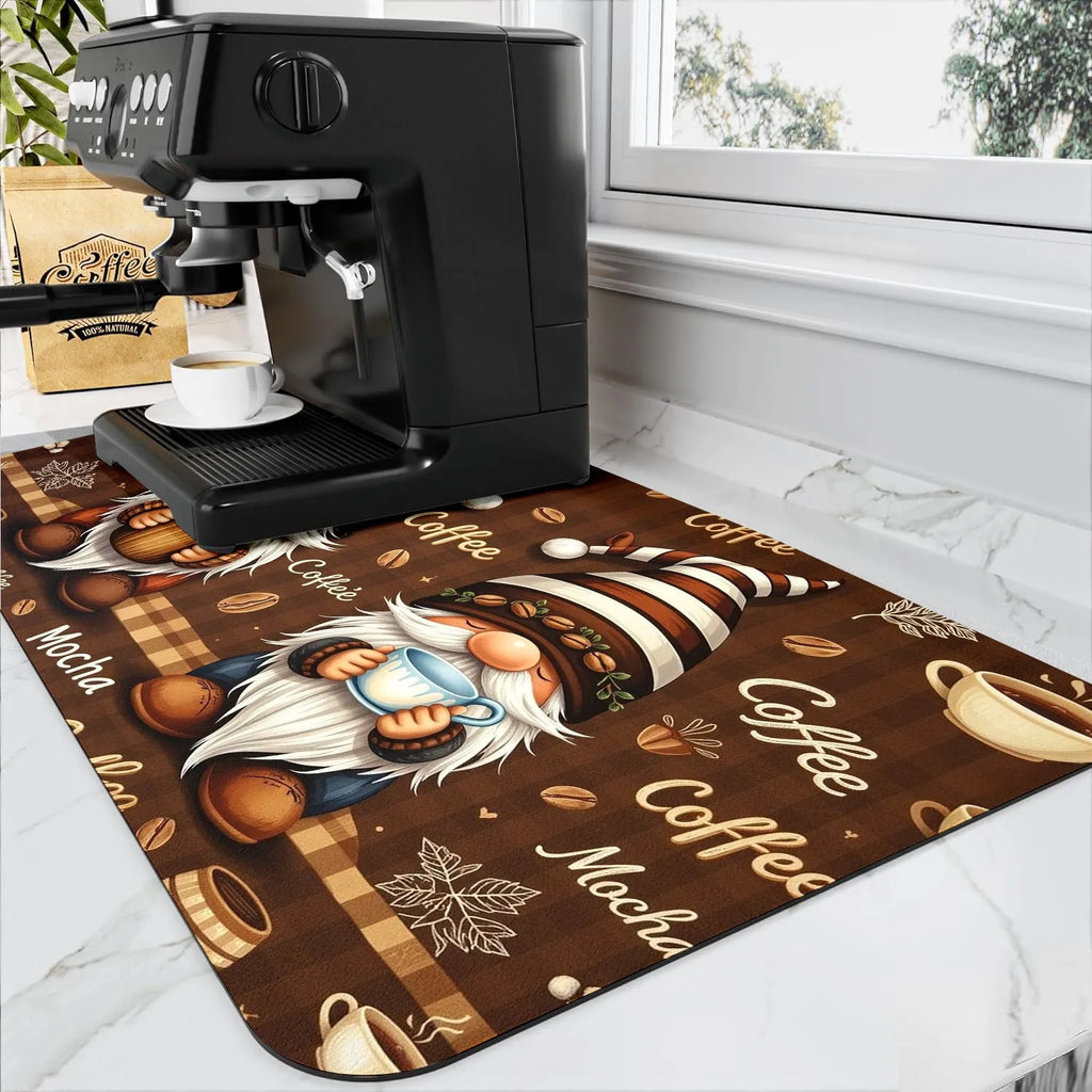 Square PVC kitchen countertop draining pad for coffee maker in K Coffee Time design, 30x40cm to 50x60cm