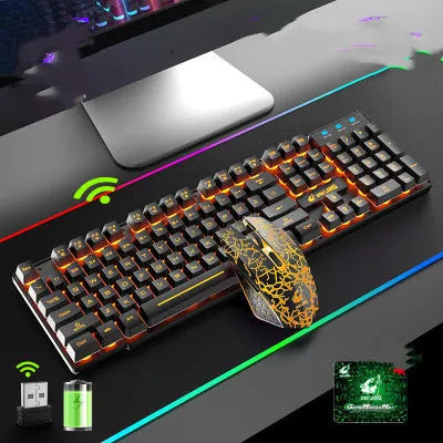 T3 wireless charging keyboard and mouse set in black with orange backlighting on desk