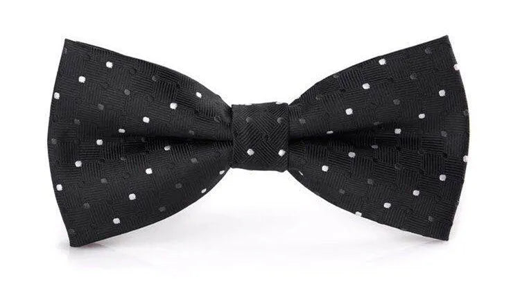 Men's printed polyester flat head bow tie in black stripe, dark blue dot, or light blue stripe for wedding and formal wear