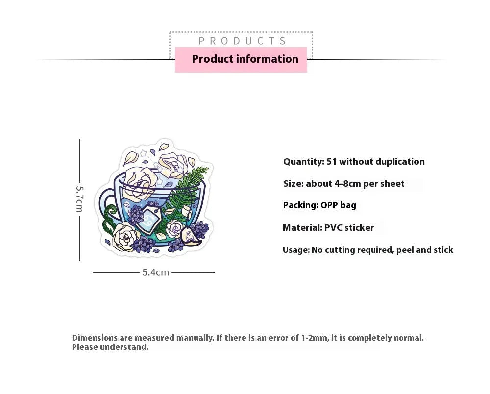 Colourful tea cup graffiti design waterproof stickers, 50-piece pack for DIY personalisation.