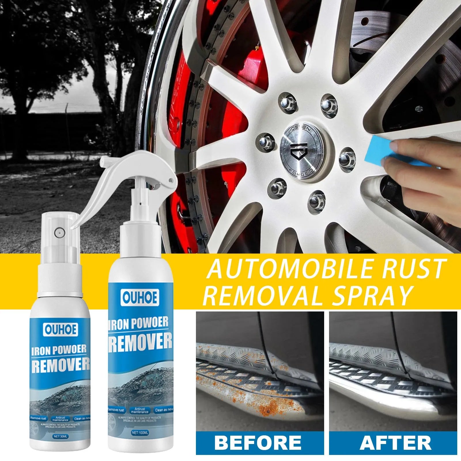 Car rust remover spray bottle with blue square sponge and microfibre towel for automotive corrosion treatment