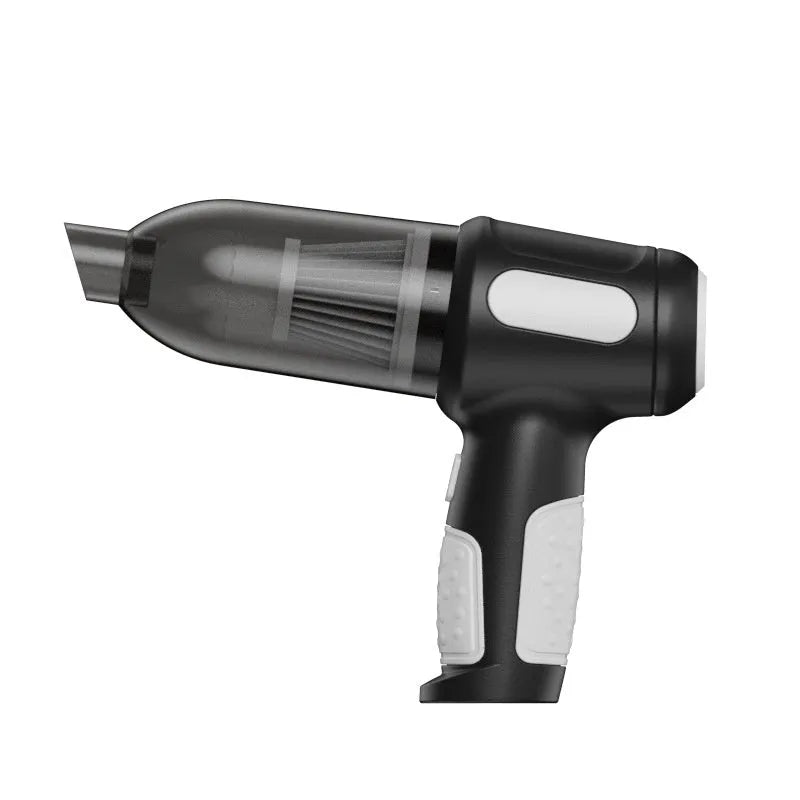 Black cordless handheld car vacuum cleaner with attachments on a grey car seat.