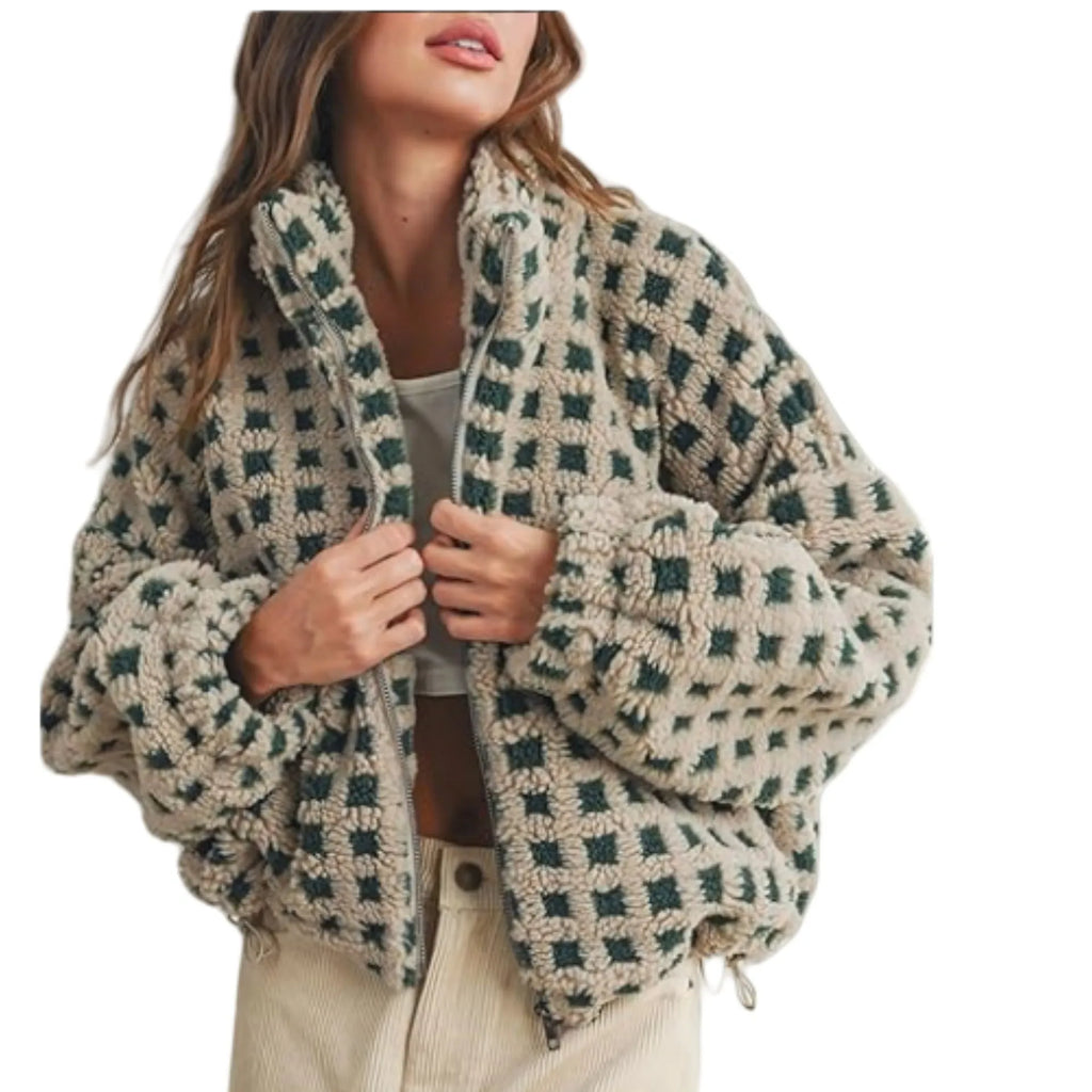 Women's anti-blowing lamb wool plaid casual jacket in red plaid, loose fit, polyester fibre