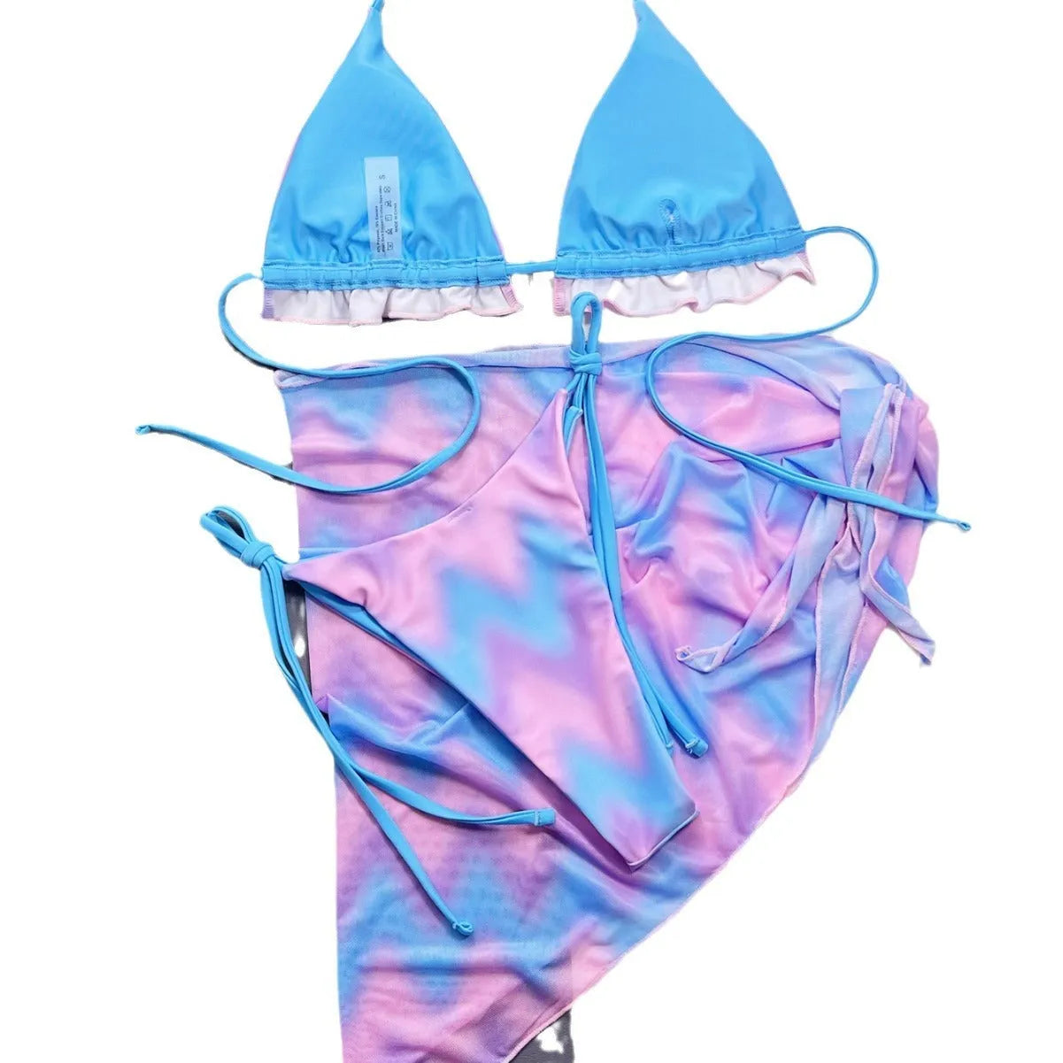 Women's tie-dye bikini swimsuit with removable skirt in pictured colour, showing complete set with bra, panties, and skirt