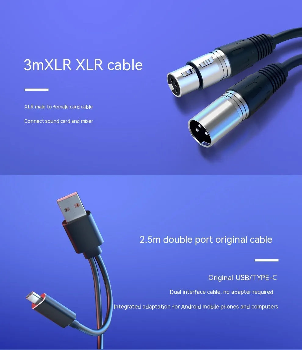 Black USB XLR microphone with noise reduction for streaming and recording, includes cables and base