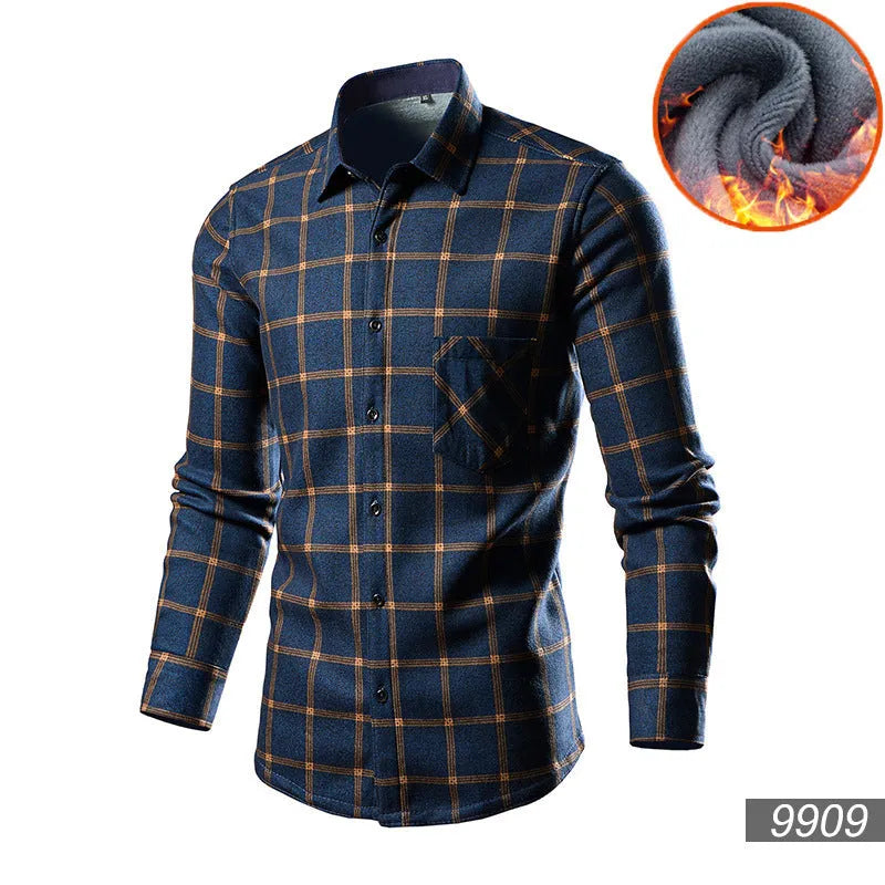 Man wearing a solid-colour fleece-lined cotton blend cardigan shirt in a loose, casual fit.