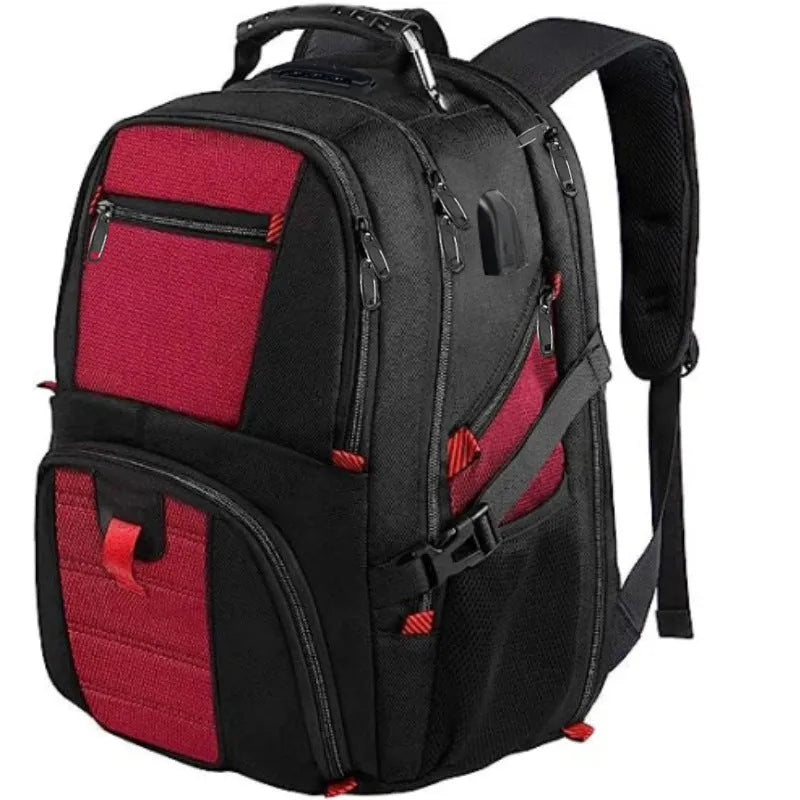 Large black USB charging backpack with curved shoulder straps and waterproof Oxford cloth material