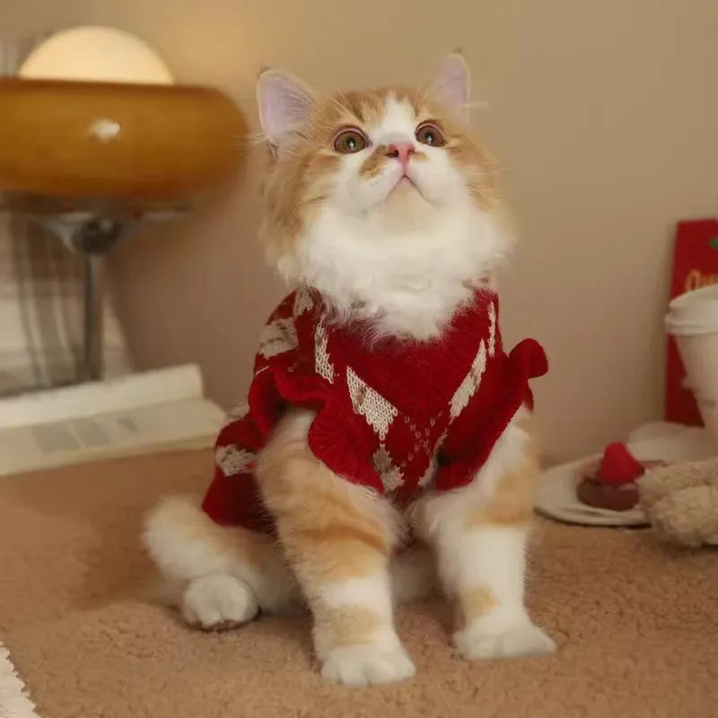 Red cat sweater with rhombic embroidery pattern for autumn and winter wear