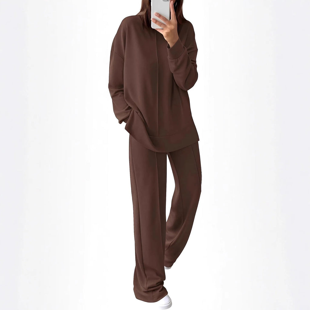 Women's army green long-sleeve polyester jogging suit, a two-piece top and trousers set for lounge wear.