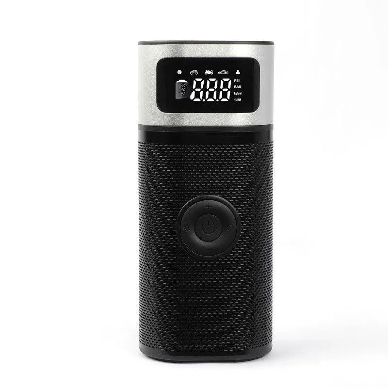Black portable wireless vehicle air pump with LED light, 15cm hose and accessory nozzles