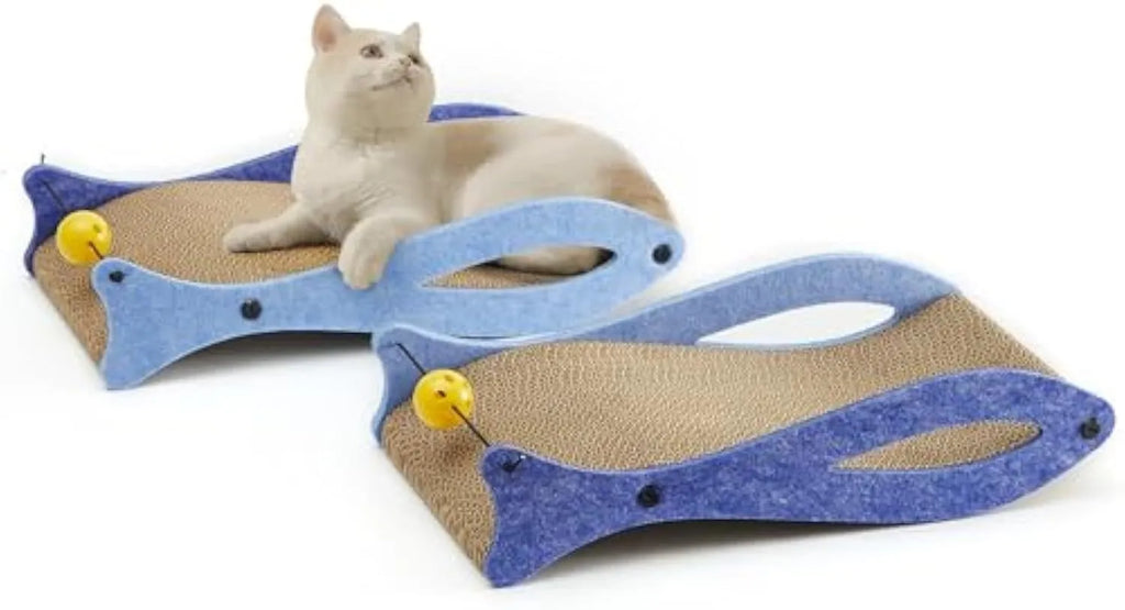Blue fish-shaped cardboard cat scratcher with bell toys on elastic cord, measuring 46x25x10cm