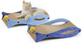 Blue fish-shaped cardboard cat scratcher with bell toys on elastic cord, measuring 46x25x10cm