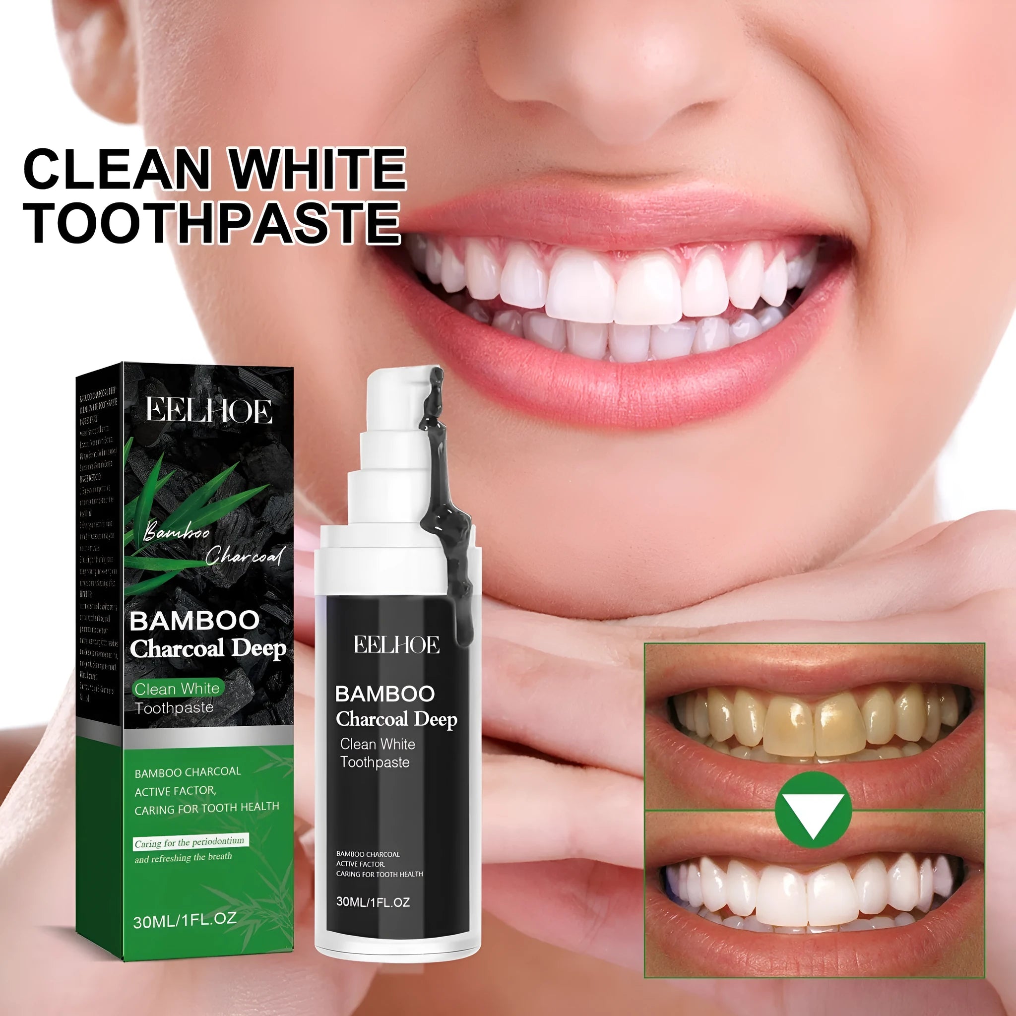 30ml tube of bamboo charcoal bright white and stain removing toothpaste with mint flavour