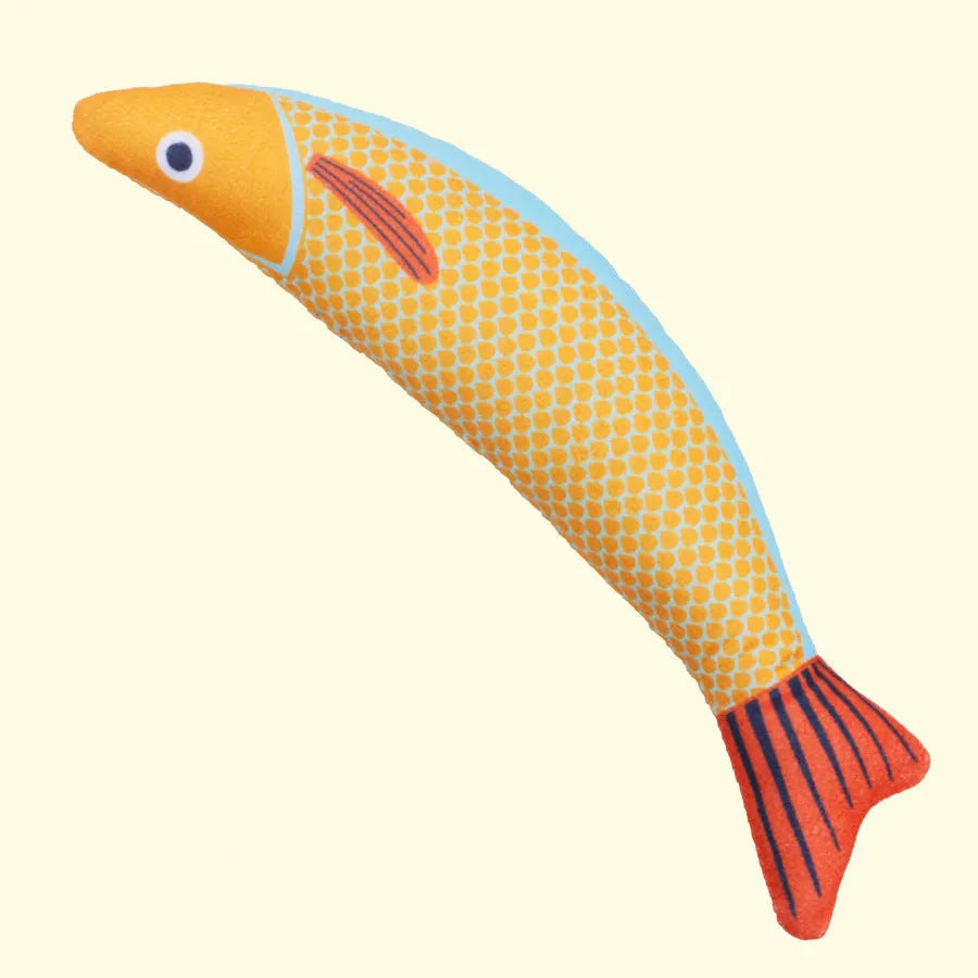 Soft plush saury fish cat toy with organic catnip filling in green, orange, and yellow colours
