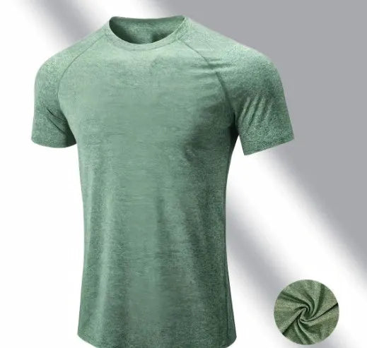 Men's tight stretch polyester quick-dry t-shirt in black, grey, green, or pink for running