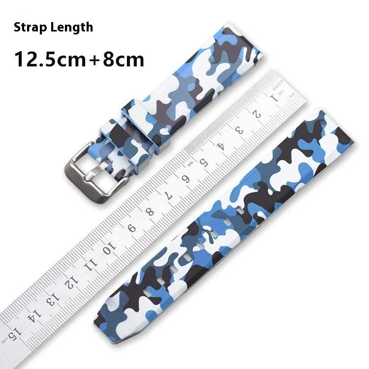 Green, blue, and grey camouflage silicone watch strap showing 20mm, 22mm, and 24mm width options.