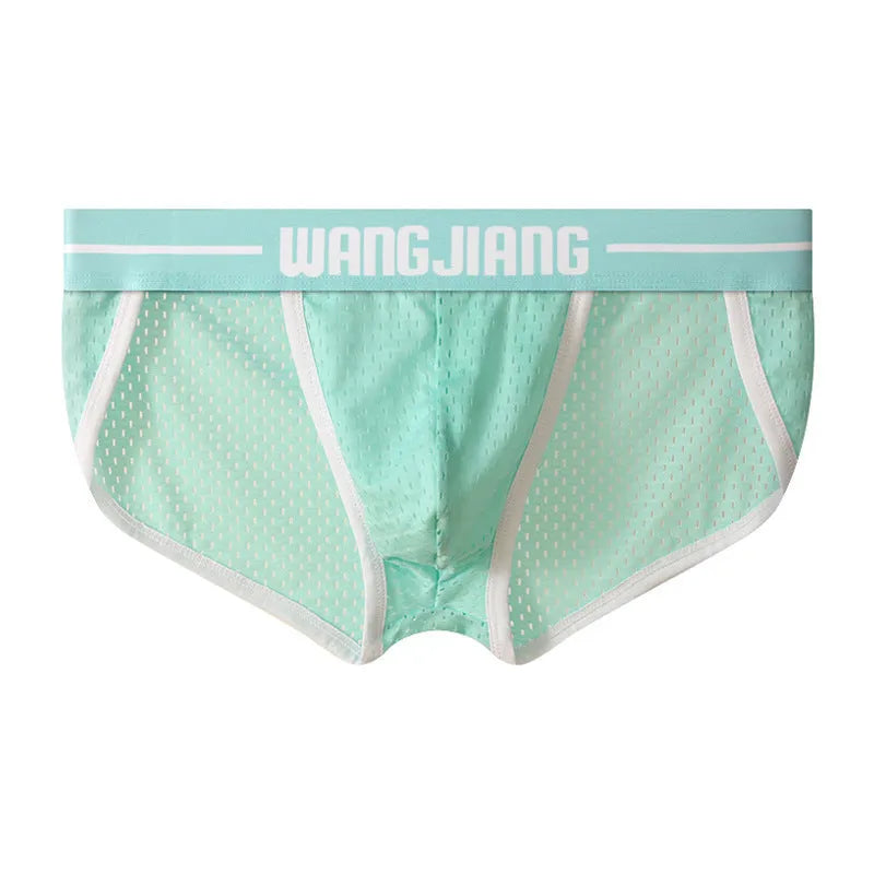 Men's mesh breathable triangle underwear in Ice Silk fabric showing quick-drying sports design in multiple colour options