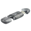 Transparent plastic USB card reader with optional LED light showing SD card slots