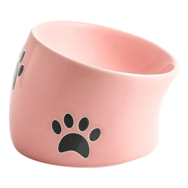 Ceramic cat bowl with neck protection design and cat's paw pattern in selected colour