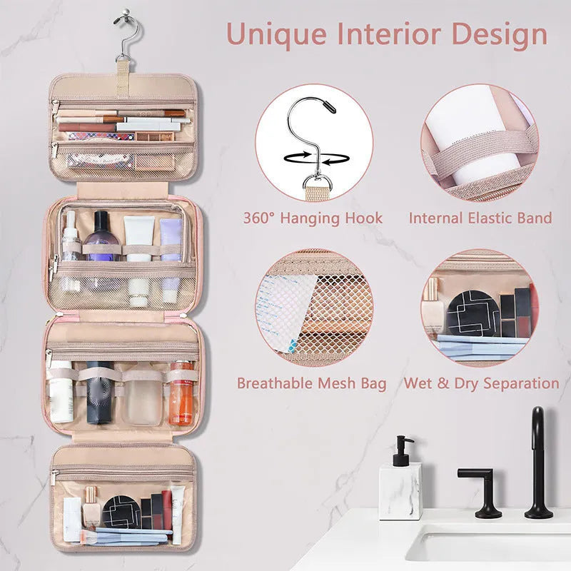 Waterproof polyester hanging cosmetic bag with internal compartments in pink colour
