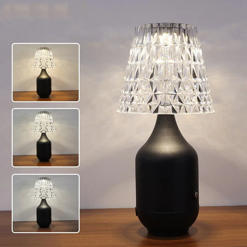 LED charging retro table lamp in black with three-tone light, USB cable, and iron art base