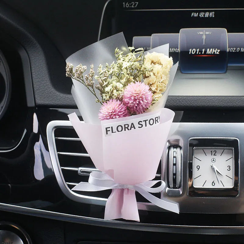 Car vent mounted dried flower bouquet decorative accessory in various floral styles