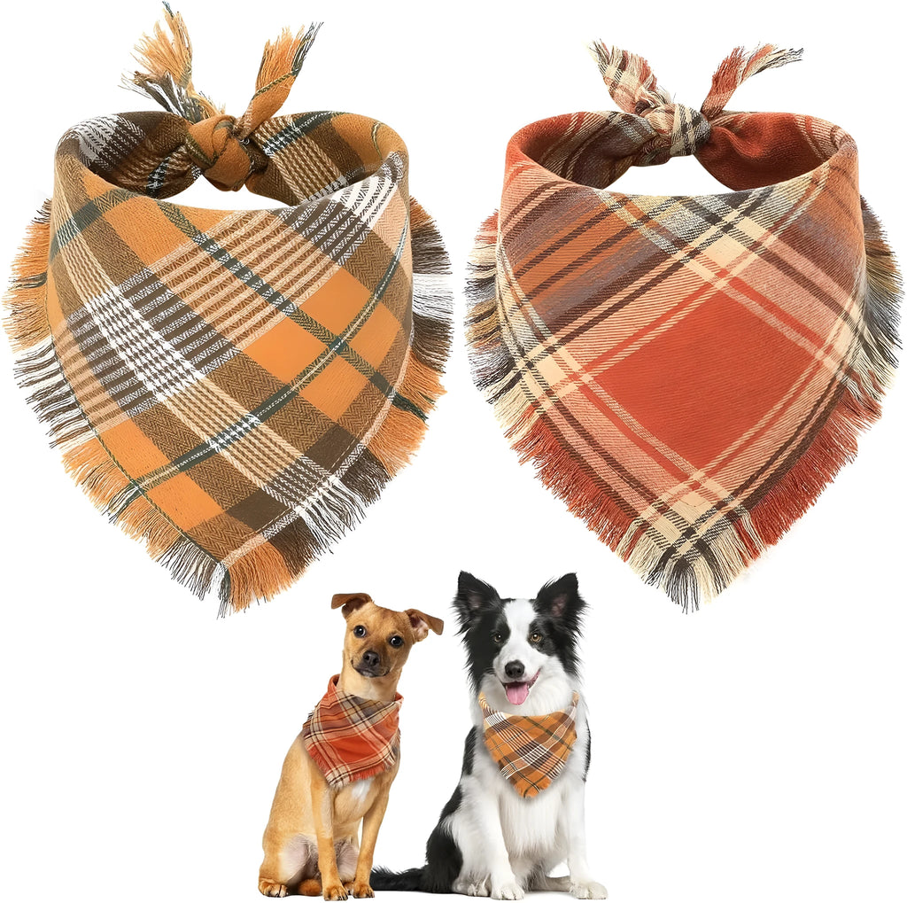 Brown, green, orange, red, and yellow plaid dog bandana with tassels on the edges.