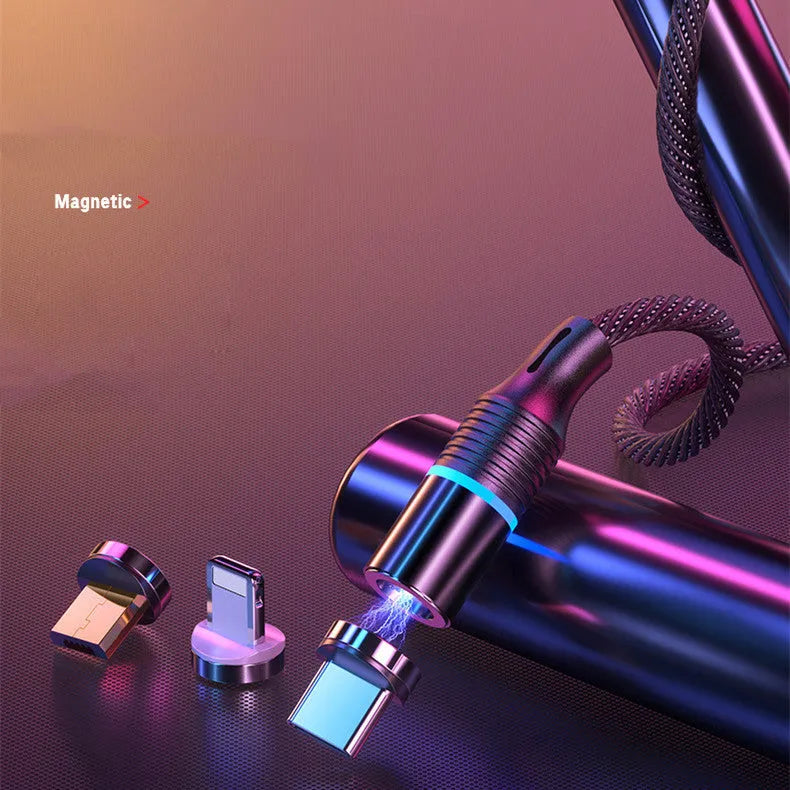 Black magnetic data cable with three detachable heads for Apple Android and Type-C devices, 2m length