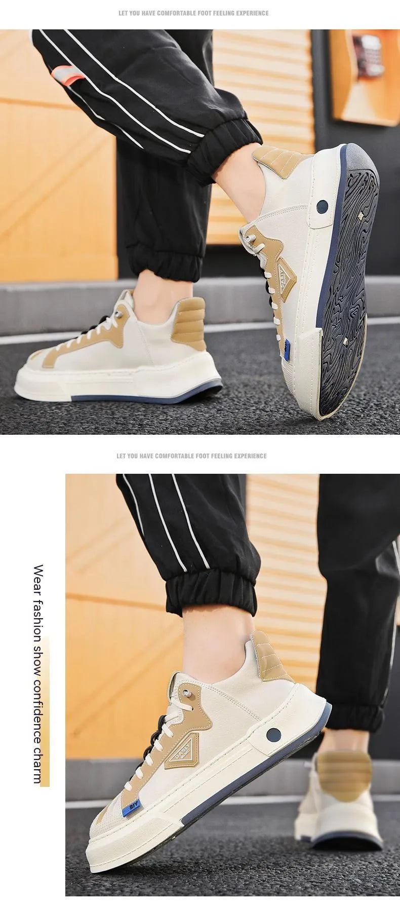 Men's beige casual sneakers with elastic band closure and leather stitching detail
