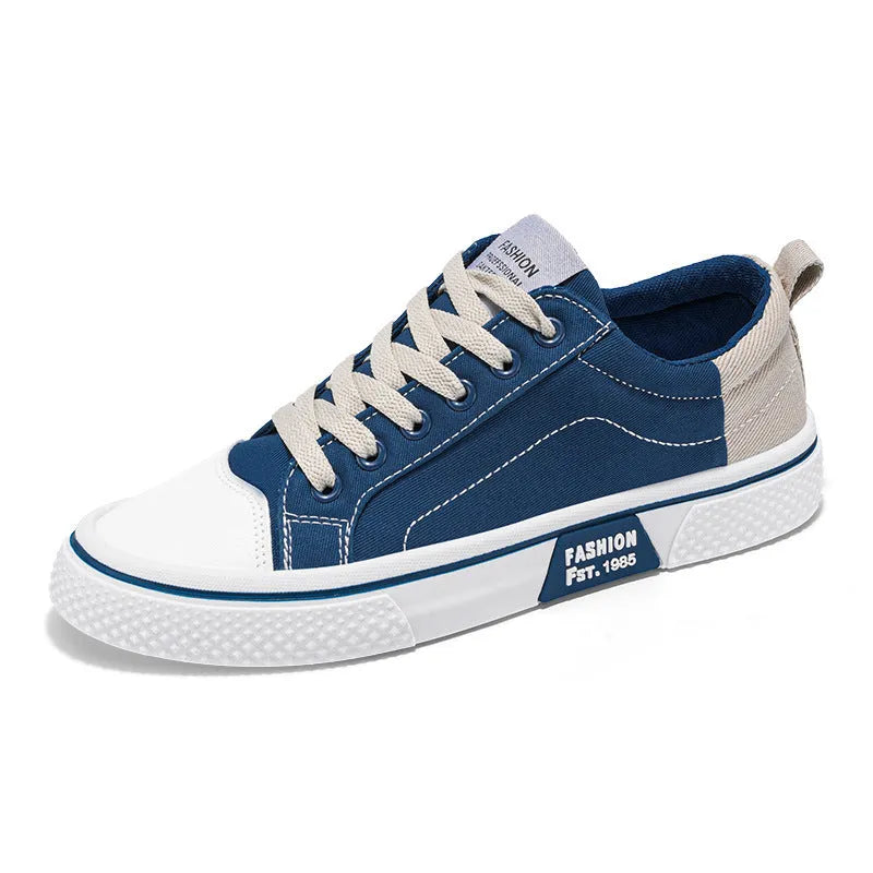 Men's low-top canvas skate shoes in blue with lace-up front and white PVC sole