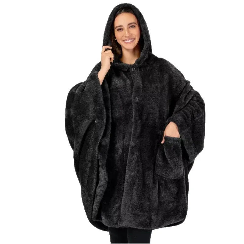 Thickened hooded bathrobe in cardigan style shown in black, dark grey, and pink colour options.