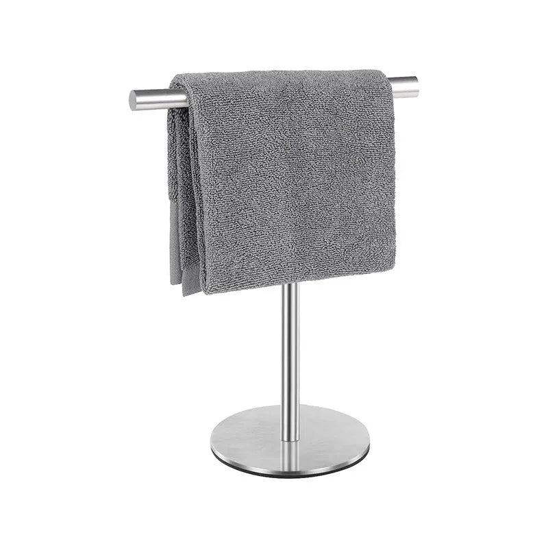Single layer stainless steel vertical towel bar with square bottom, shown in black or silver for bathroom and toilet use