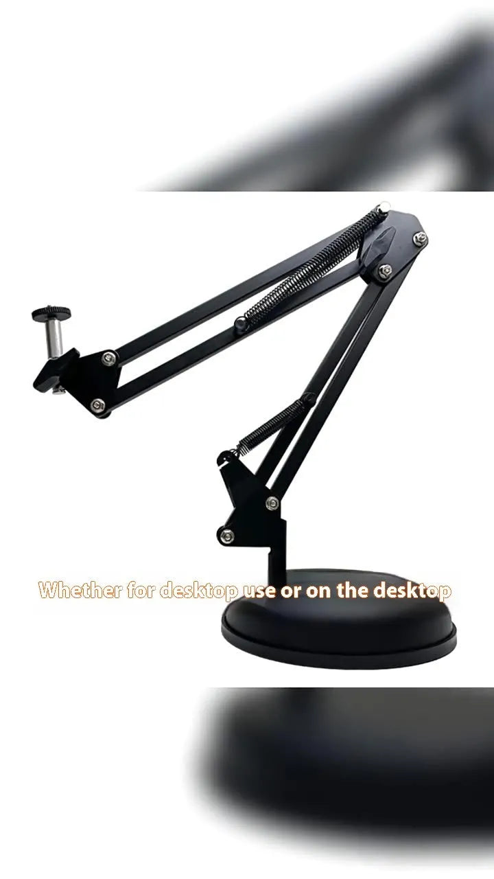 Black foldable metal desktop cantilever bracket holding a tablet at an adjustable angle.