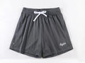 Men's black double-layer mesh sports shorts on a hanger with colour swatches showing white, yellow, green, and purple options.