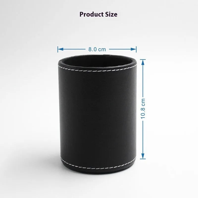 Black leather round pen container showing cylindrical shape for desk organisation