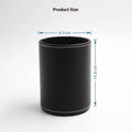 Black leather round pen container showing cylindrical shape for desk organisation