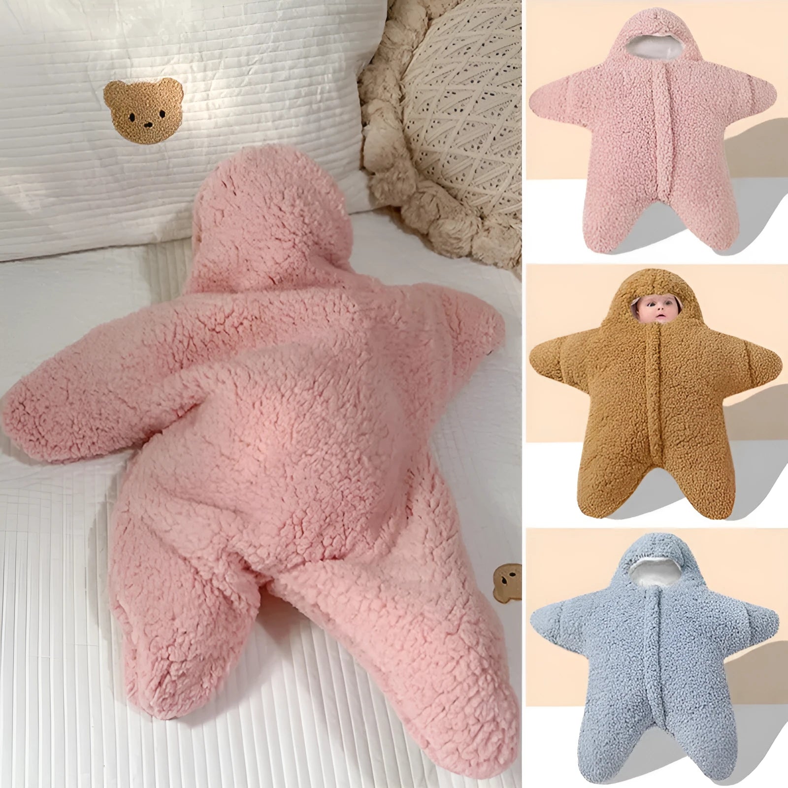 Cashmere and cotton baby sleeping bag with hood, zipper, and cuffs for 0–6 month winter use
