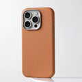 Black leather Magsafe phone case with metal alloy lens protection ring for iPhone
