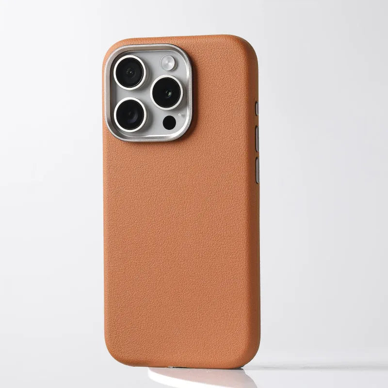 Black leather Magsafe phone case with metal alloy lens protection ring for iPhone
