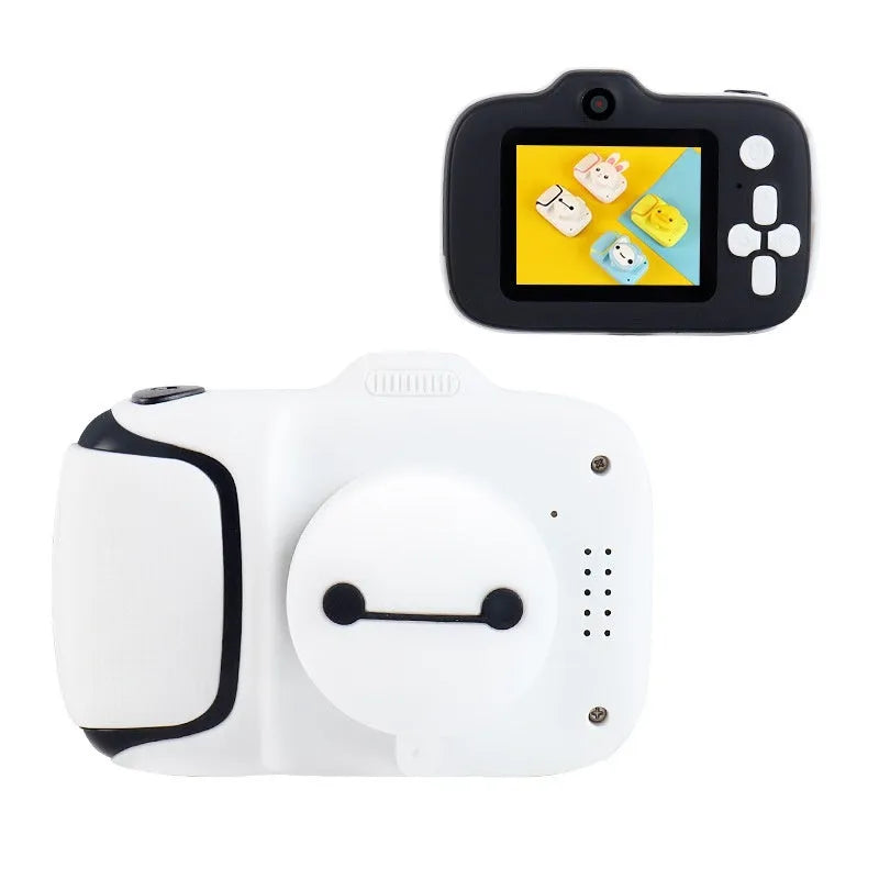 HD children's camera with 2.0 inch LCD screen in pink, showing video mode, with data cable and manual