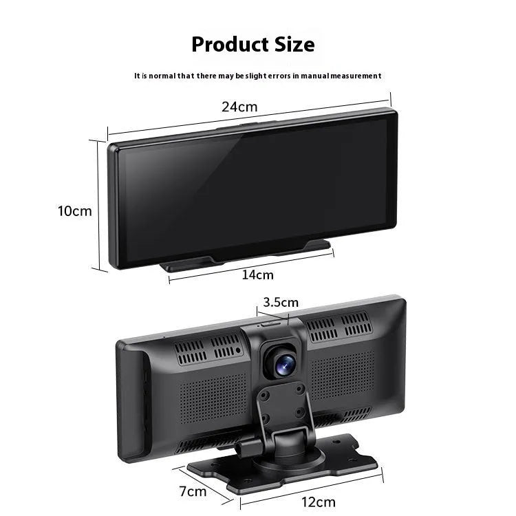 10-inch black car smart touchscreen with CarPlay display and front and rear recording camera.