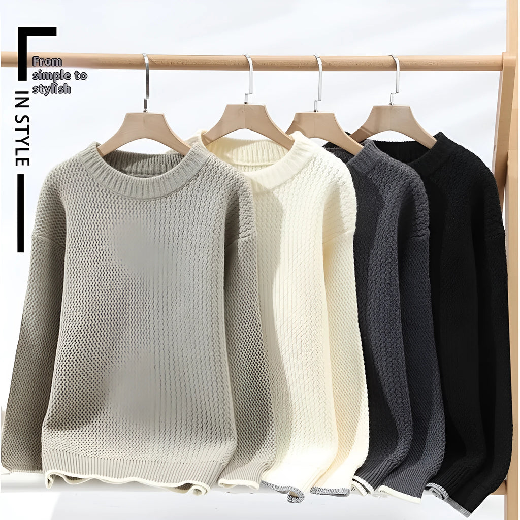 Men's loose fit round neck pullover sweater in grey, shown on a model