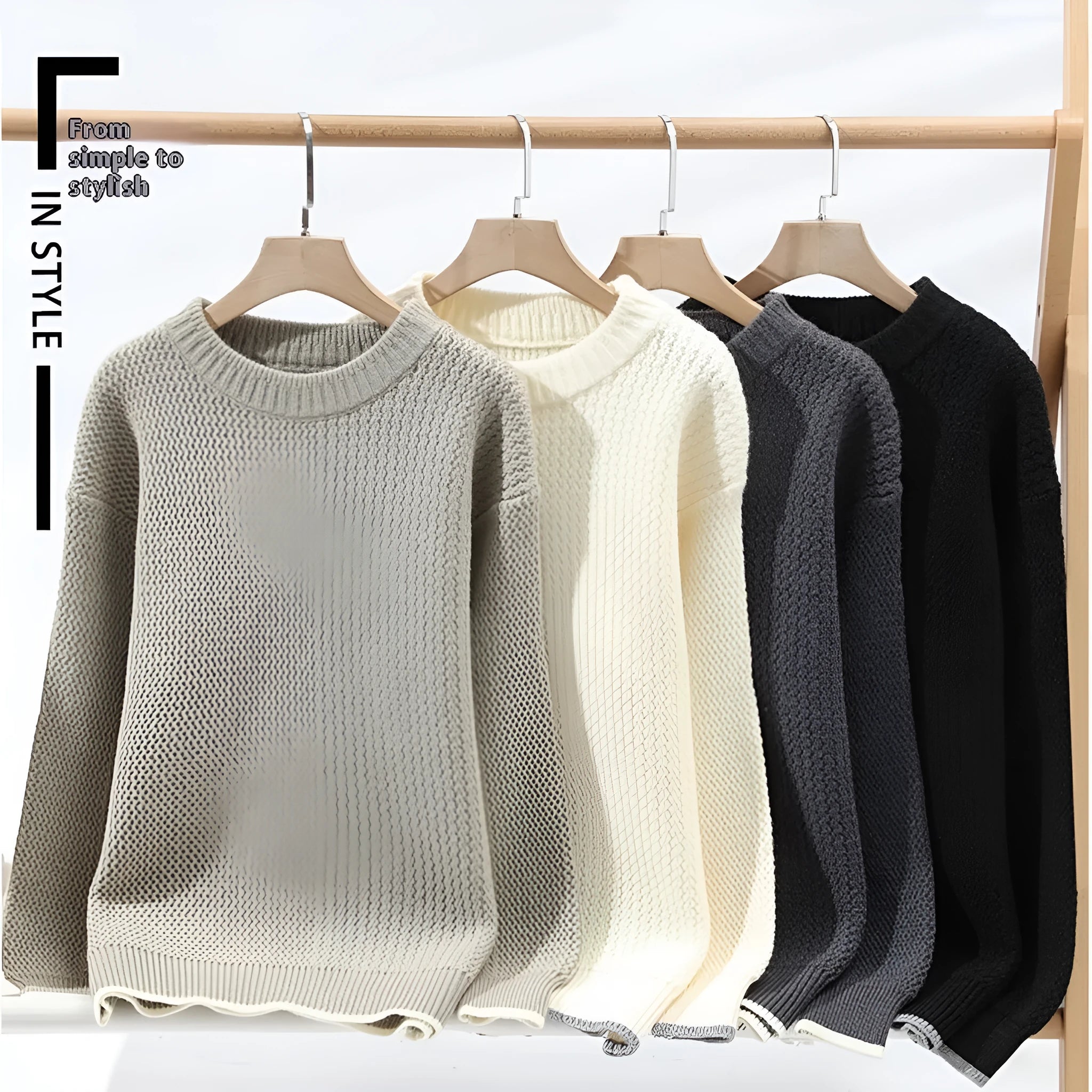 Men's loose fit round neck pullover sweater in grey, shown on a model