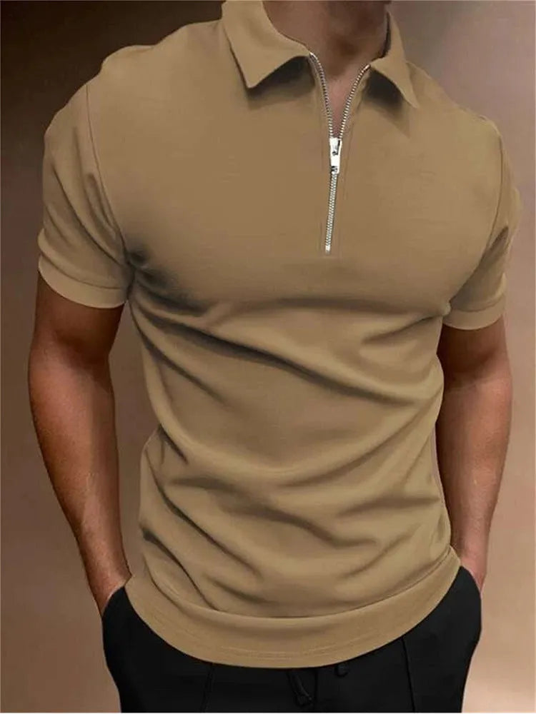 Man wearing a short sleeve digital print polo shirt in a casual setting.