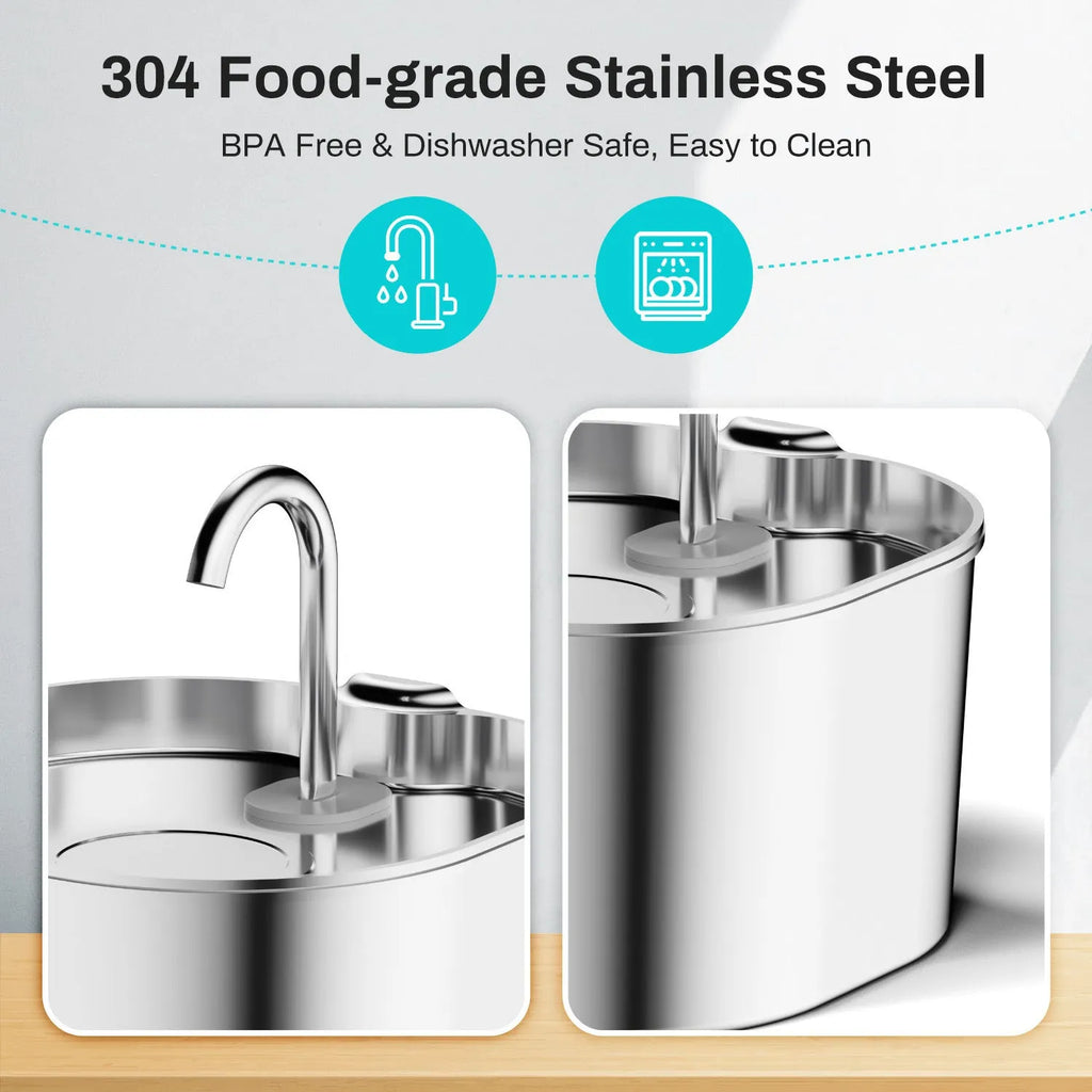 Stainless steel pet water dispenser 2.2L with faucet strip window and automatic circulation pump for dogs and cats.